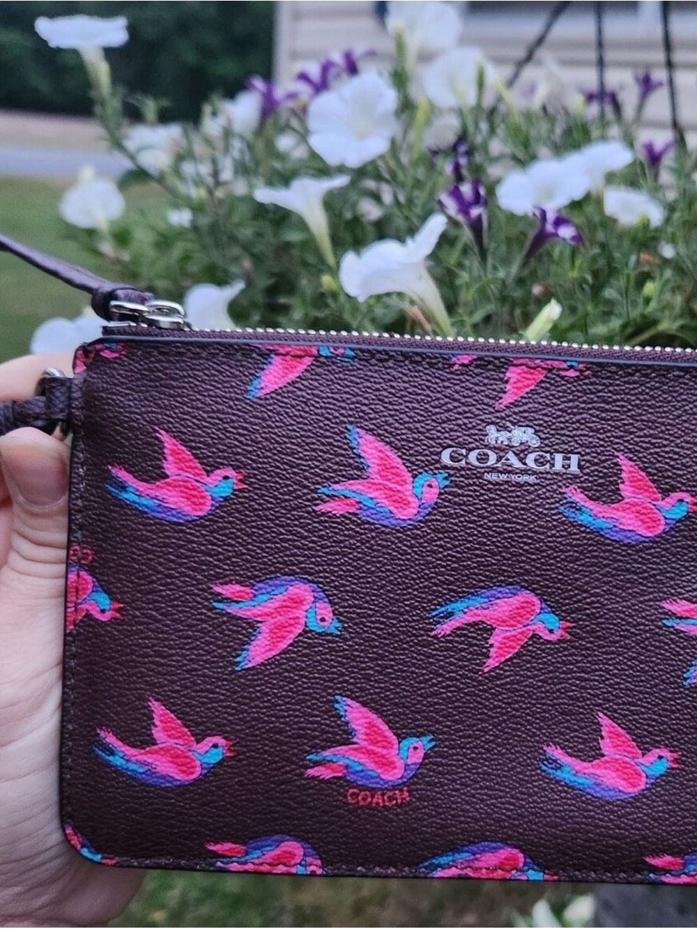 Coach Happy Pink and Blue Bird Print Wristlet (No Call Outs)